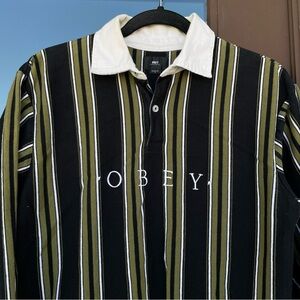 Obey Black and Green Striped Polo Shirt